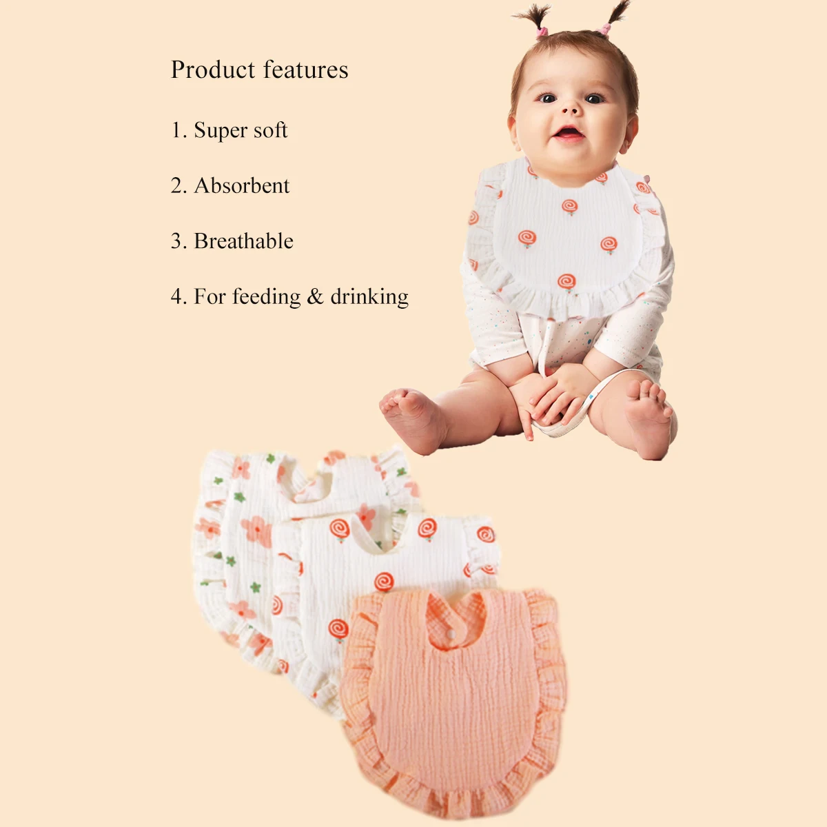 3pcs/set Solid White Cotton Gauze Lace Baby Towel Newborn Feeding Saliva Towel Bandana Baby Cotton Bibs