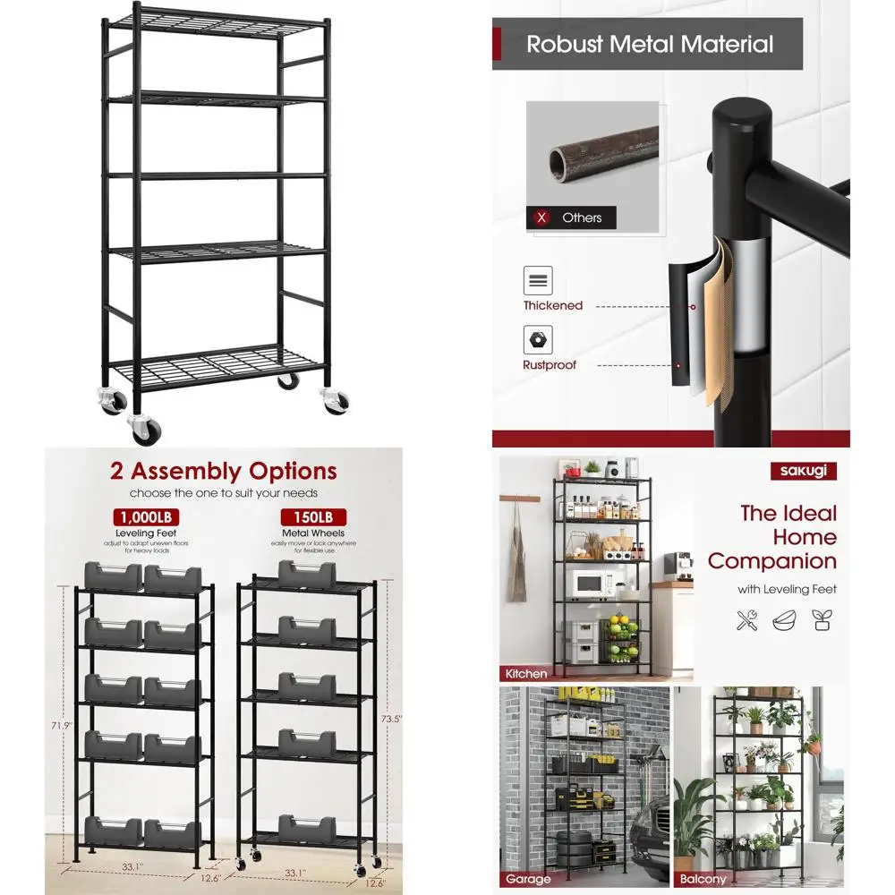 

5-Shelf Metal Storage Rack with Wheels and Adjustable Feet, Heavy-Duty for Garage, Kitchen, or Closet, 33.1x12.6x73.5, Black