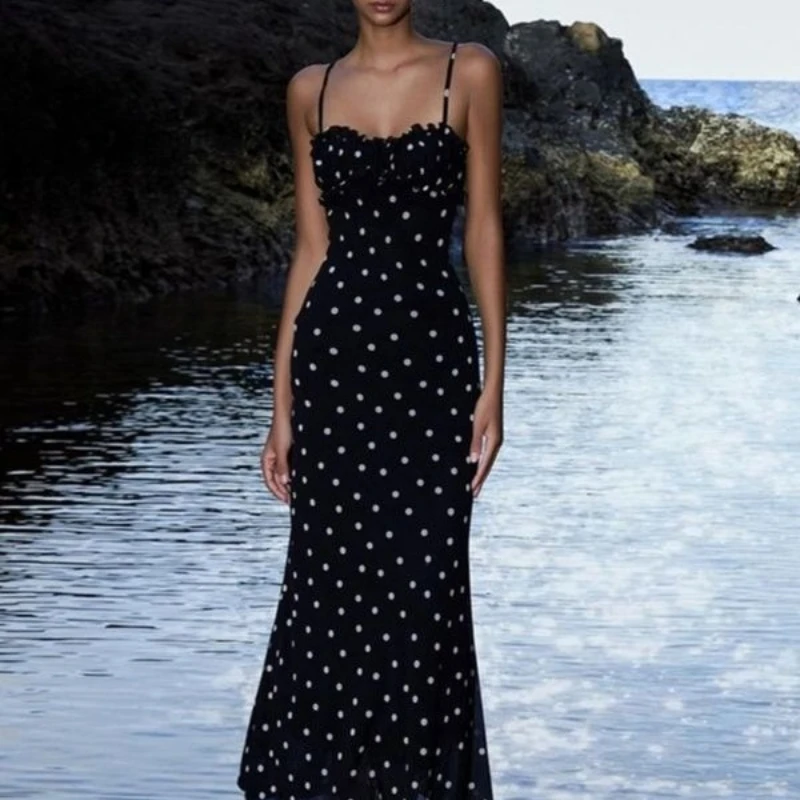 

Black Polka Dot Slip Dress, Feminine Tight Figure, Hip-hugging Fishtail Dress