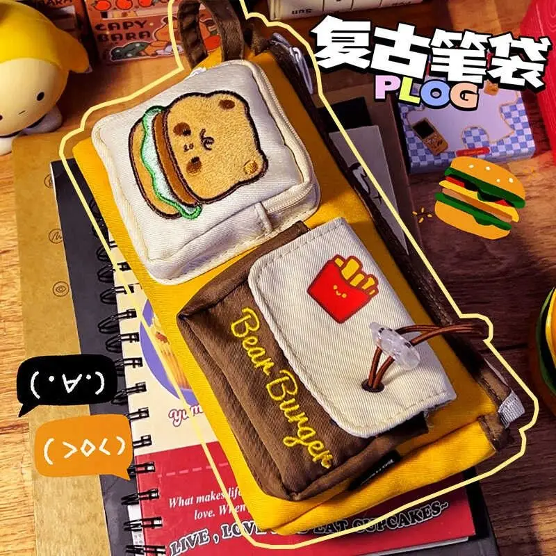 Imagem -03 - Hamburger Bonito dos Desenhos Animados e French Fries Pencil Case Bolsa de Armazenamento de Grande Capacidade Suprimentos Estudantis Material Escolar