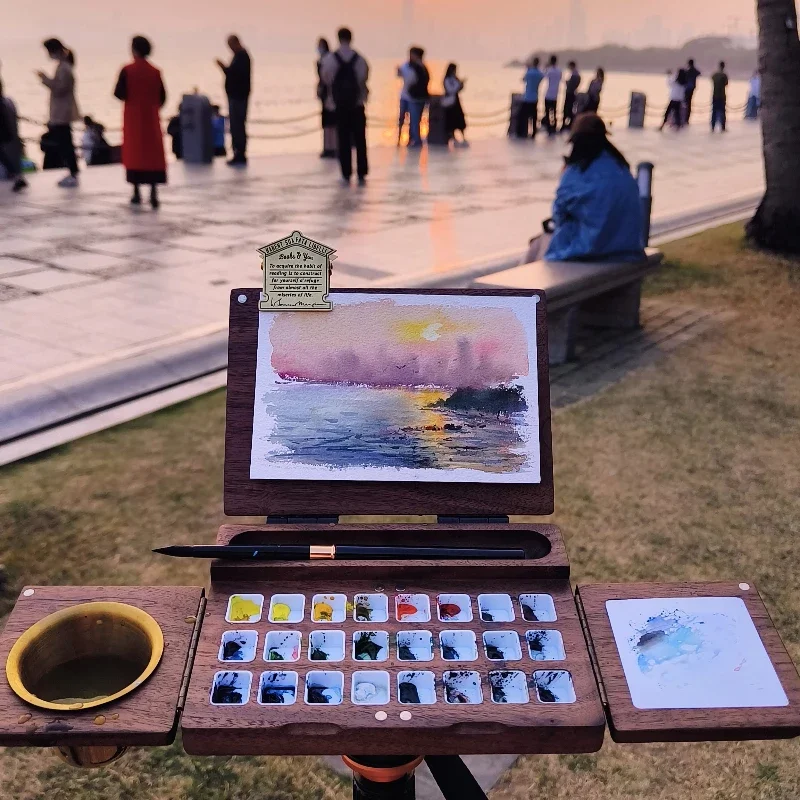 Black Juglans Wood Watercolor Pigment Sketch Box Art College Students Outdoor Sketch Painting Portable Folding Colour Mixing Box