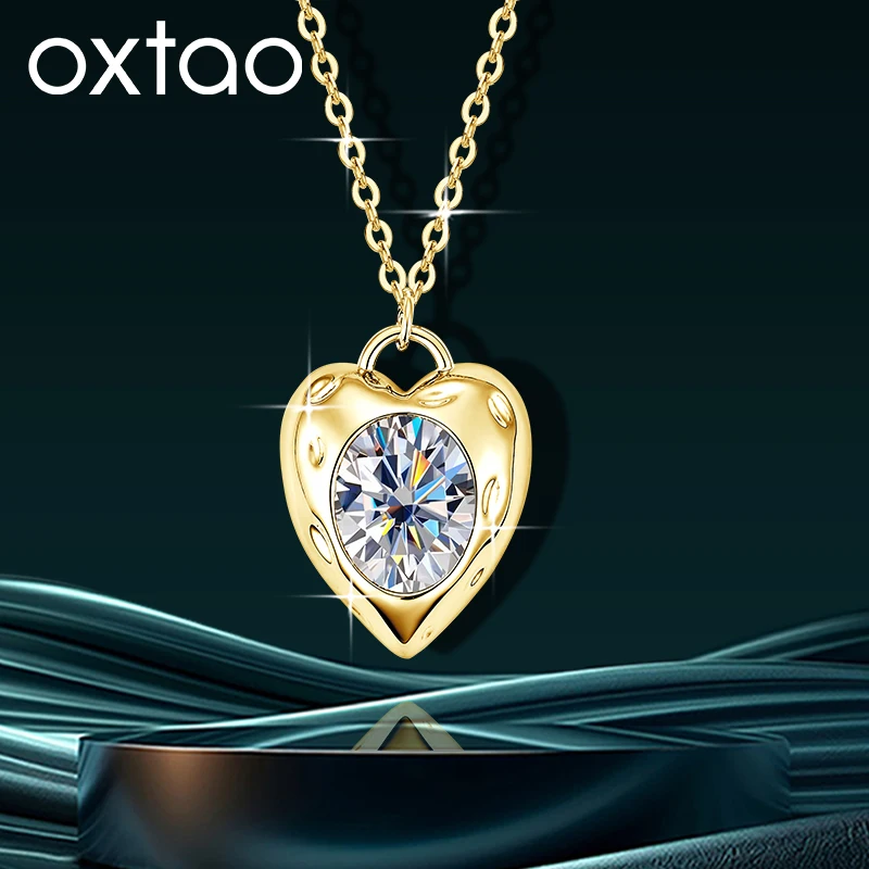 

OXTAO Oval-Cut Moissanite Pendant Necklace 2ct D VVS1 for Women Engagement Romantic Heart Fashion Jewelry Gift 14K Gold Filled