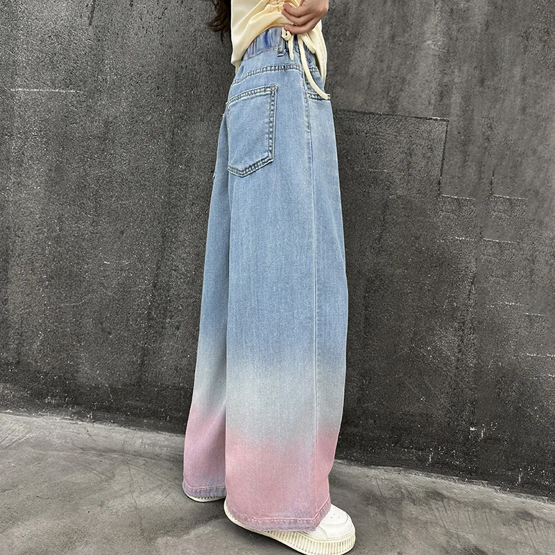 Teenage Cowgirl Wide-Leg Jeans Kids Girls Gradient Color Denim Pants Children Outerwear Long Trousers Girl Clothing 5-14 Years