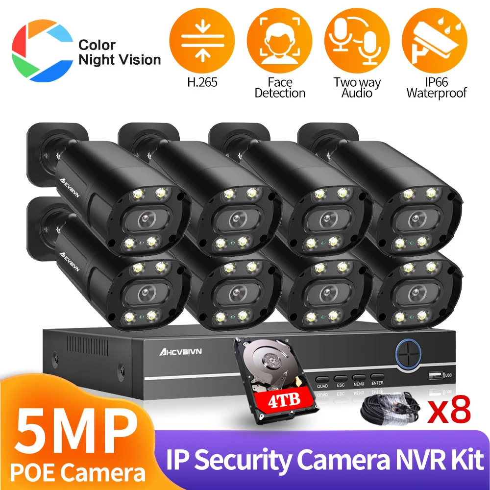 

8CH 5MP Dual Light Source CCTV Camera System Security Outdoor IP Camera POE NVR AI Human Detected Two-way Audio P2P XMeye App