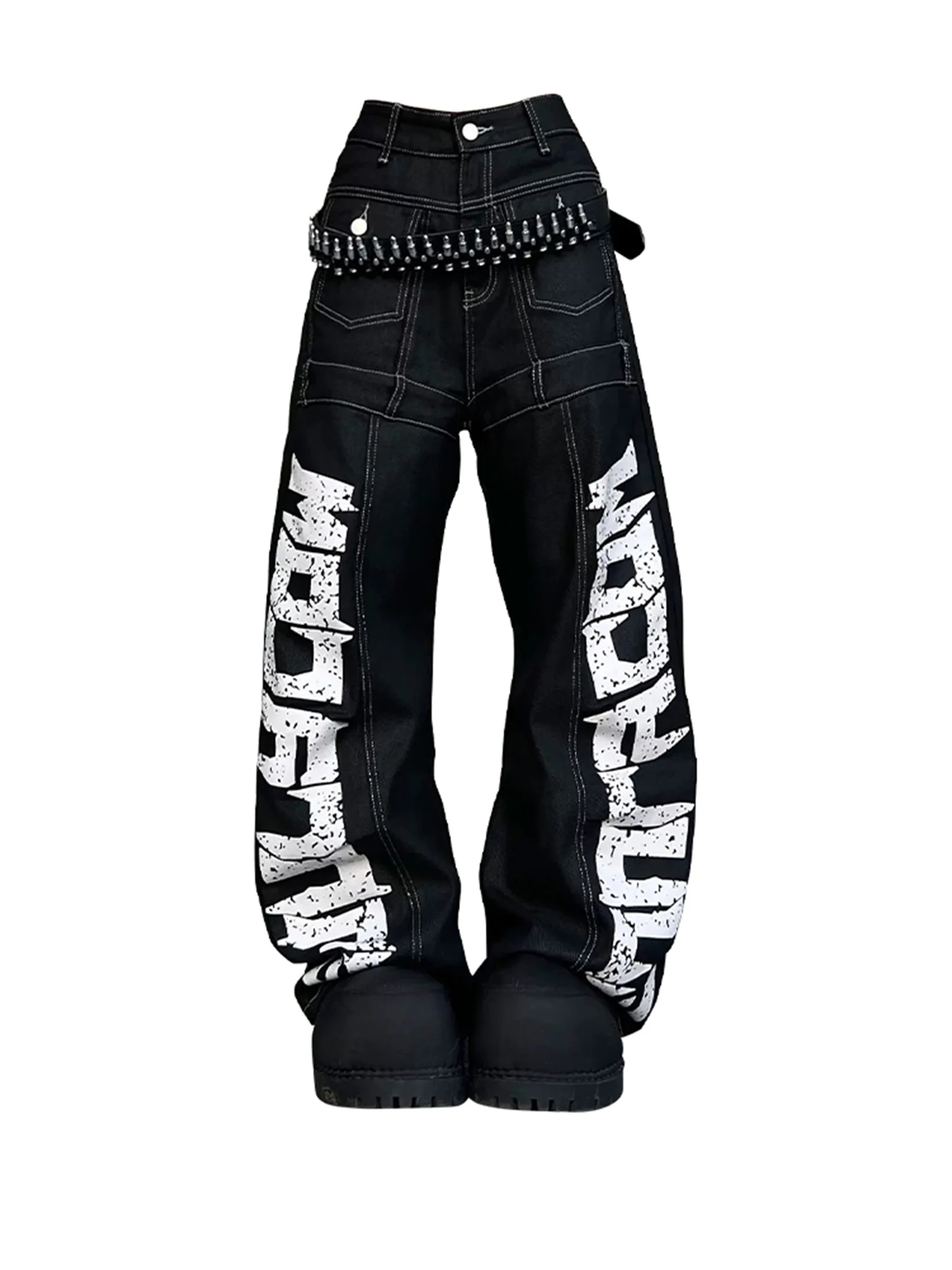 

Women's Y2K Punk Streetwear Baggy Jeans with Letter Print Contrast Stitching Wide Leg Denim Trousers Casual Fashion Pants