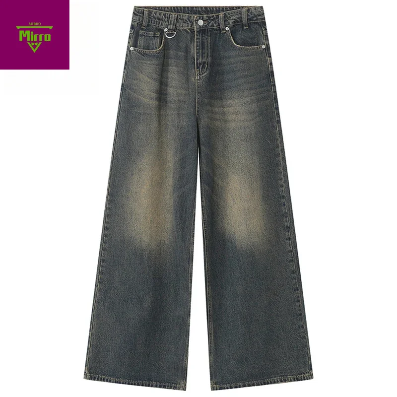 

【Mirrordust】Vintage Blue Loose Denim Pants Men Retro Straight Baggy Jeans 2025 Wide Leg Casual Black Jeans Trousers