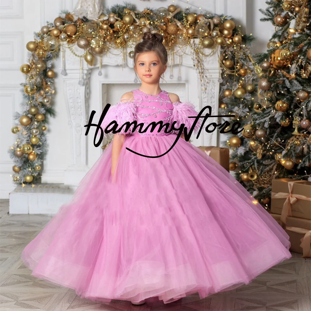 Feathers Pink Flower Girl Dress 2023 New Arrival O Neck Off The Shoulder Beading First Communion Dresses Girls Princess Gown