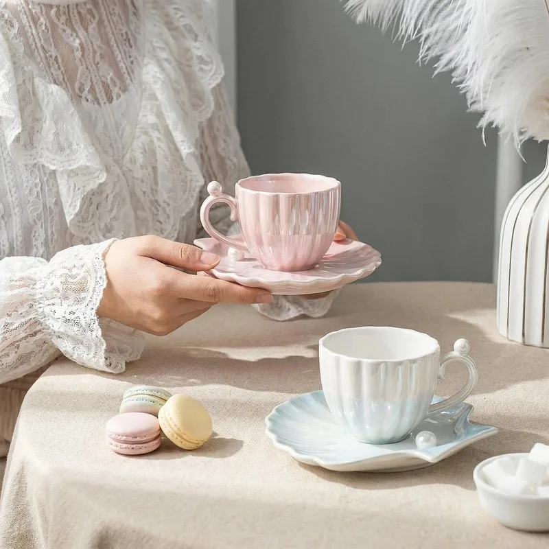 

Shell Gradient Coffee Cup Saucer Set Small Fresh Exquisite High Appearance Afternoon Tea Cup Gift Porcelain Drinkware Set