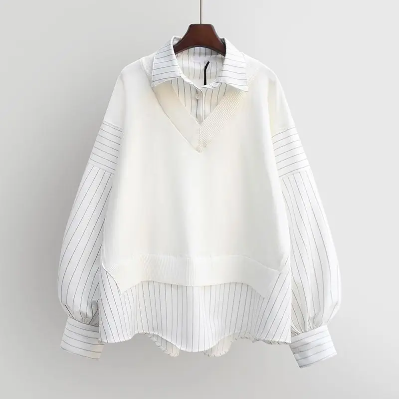 Korean Style Autumn and Winter New Patchwork Fabric Striped Shirt Knitted Sweater Fashionable Women Loose Top Pullover