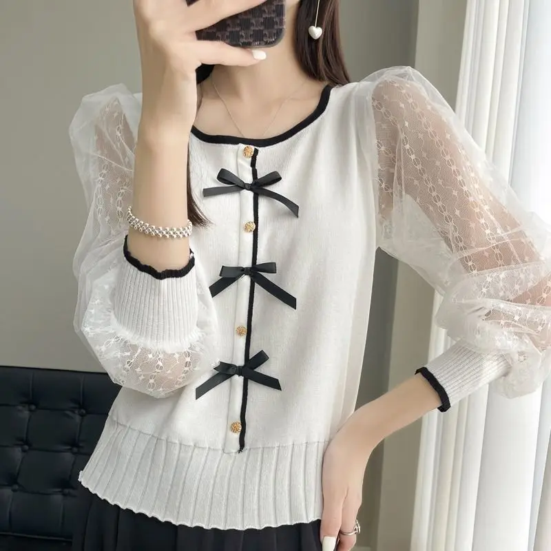 Women\'s 2024 Summer New Pullover Round Neck Patchwork Fashion Solid Bow Lace Button Slim Knittedo Ffice Lady Long Sleeve Tops