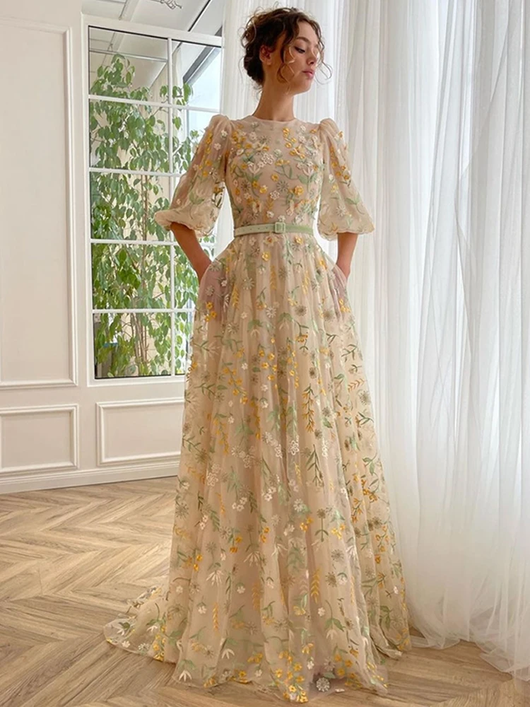 Customized O-Neck Embroidered Flowers Prom Dresses With Puff Half Sleeve Floral Long Evening Dress With Belt For Graduation