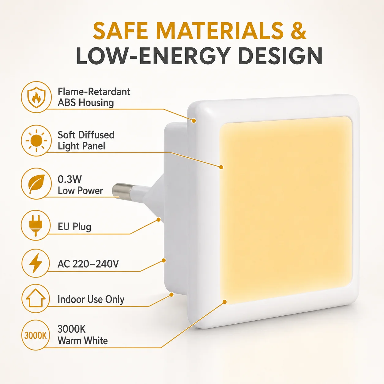 Melery LED Night Light Twilight Sensor 0.3W Warm White 3000K 40lm EU Plug Socket Lamp 230V Children's Table Home Stairs Aisle