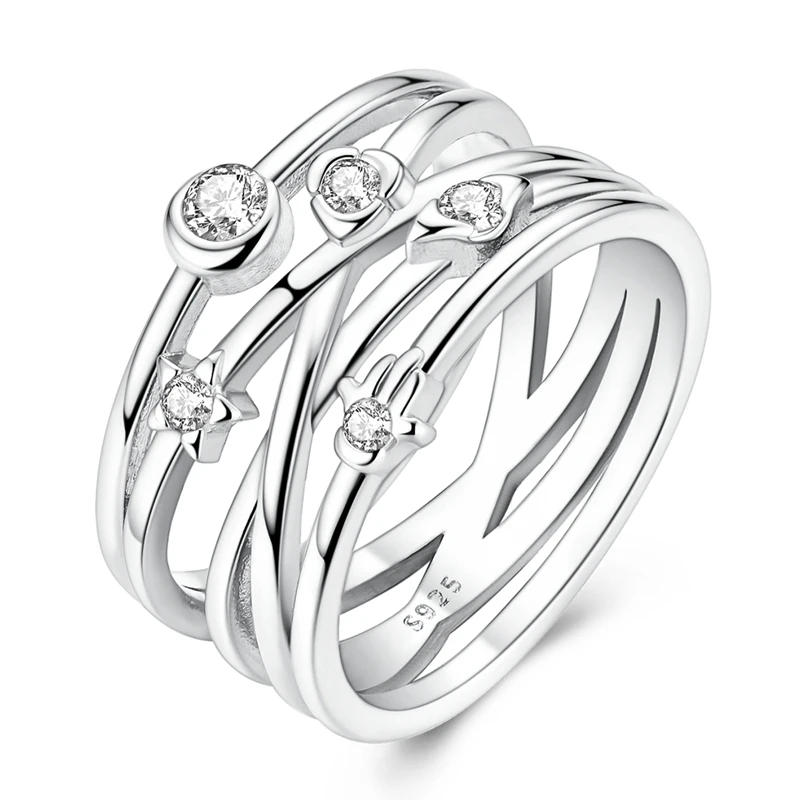 Original 925 Sterling Silber Damenringe Funkelnder Zirkonium-Ring Glücksbringer Mehrschichtige Ringe für Verlobung Schmuck Geschenke