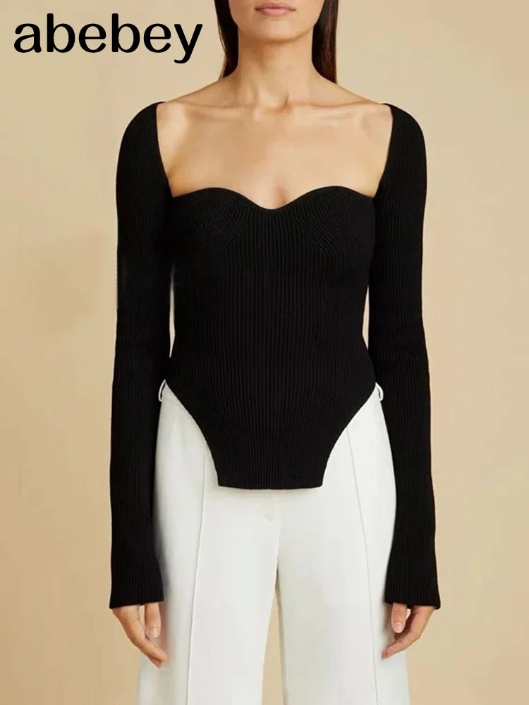 2026 new spring sexy stylish sqaure collar full sleeves knitting pullover sexy slim T-shirt female top WK08001L