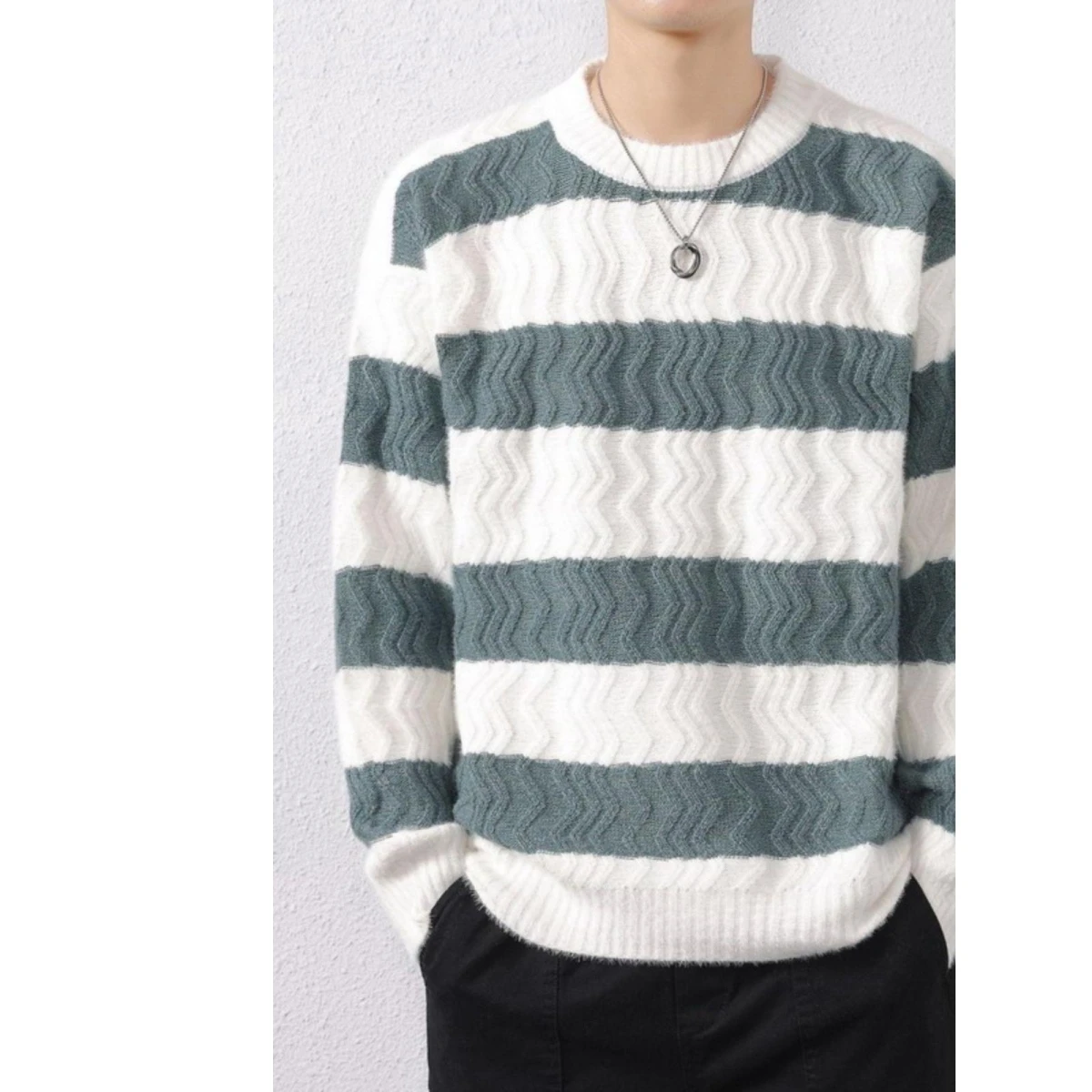 

Новая осенне-зимняя мужская теплая трикотажная футболка с круглым вырезом и узором для подростков и школьников, из полиэфирного волокна, с длинным рукавом