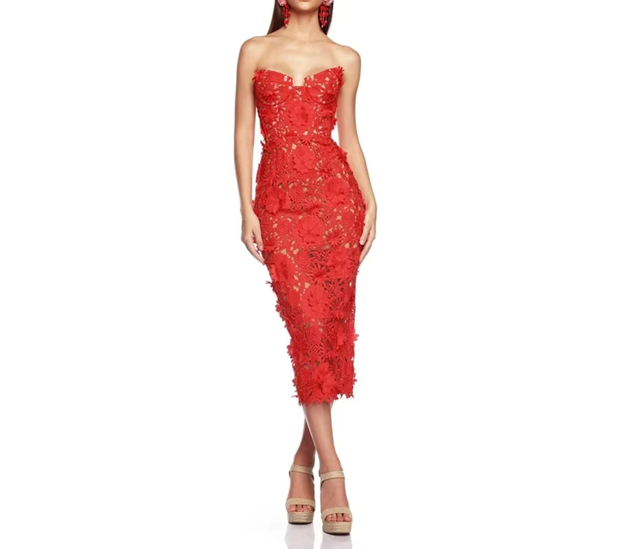 

New Women's Red Elegant Floral Sexy Strapless Fashion Slim Bandage Celebrity Party Dress