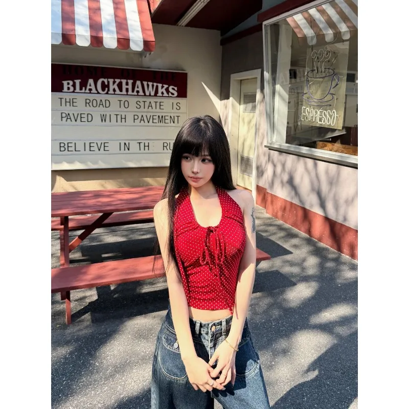 Spice Girl Red Polka Dot Strap Neck Sling Vest Women's Summer New Pure Desire Foreign Slim Slim Short Top