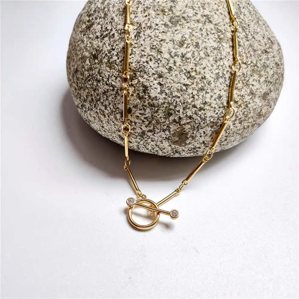 FUWO 1Pcs Brass Zircon OT Stick  Necklaces,High Quality Anti-Tarnish Golden Plated Chain Accessories For Jewelry Making NC020