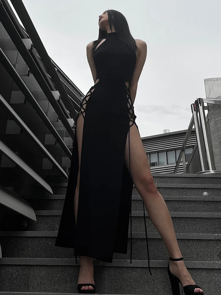 Vestido largo gótico con cordones y cuello Halter para mujer, vestido negro sin mangas con corte lateral y doble abertura, traje Sexy para discoteca, vestido de fiesta