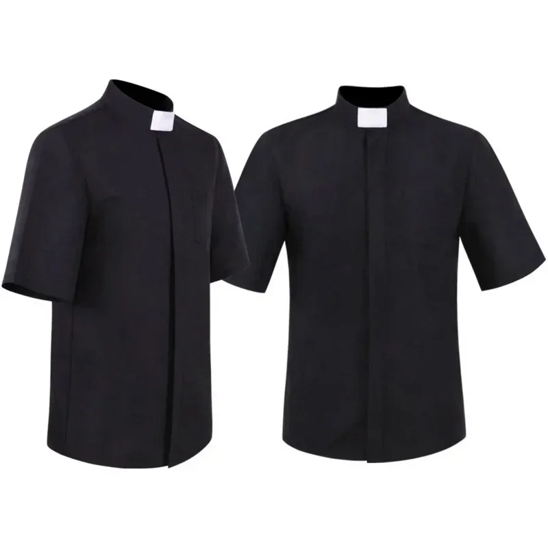 Priest Shirt Pastor Men Clergy Stand-Up Tab Collar Catholic Church Minister Preacher Short Sleeve Tops Roman Blouse S-5XL MN4