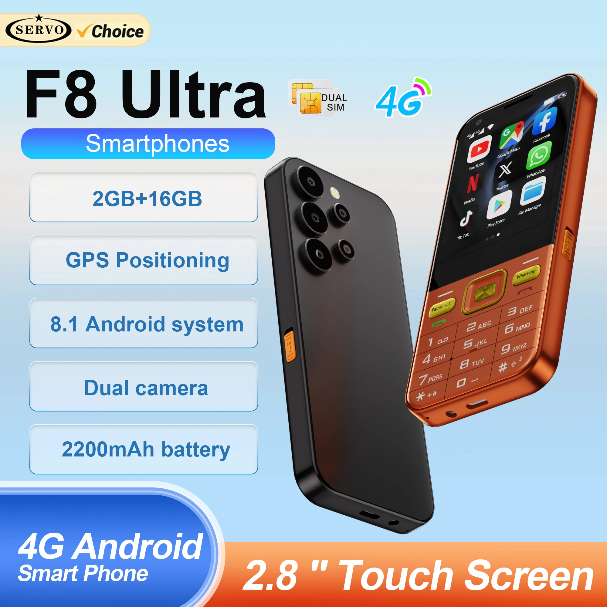SERVO F8 Ultra 4G Smartphone Dual SIM Standby Android 8.1System 2GB+16GB Facebook Flashlight WiFi 2.8