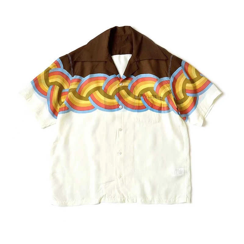 KAPITAL 22SS Japanese Loose Synthetic Silk Rainbow Wave Color Blocked Short Sleeved Shirt with Buttons Men New