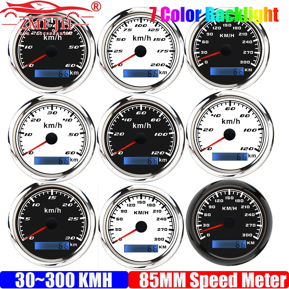 7 Color Light 85mm Analog Pulse Speedometer Gauge 30KMH,60KMH,120KMH,200KMH,300KMH Speed Meter Pulse Signal for Auto Car Boat