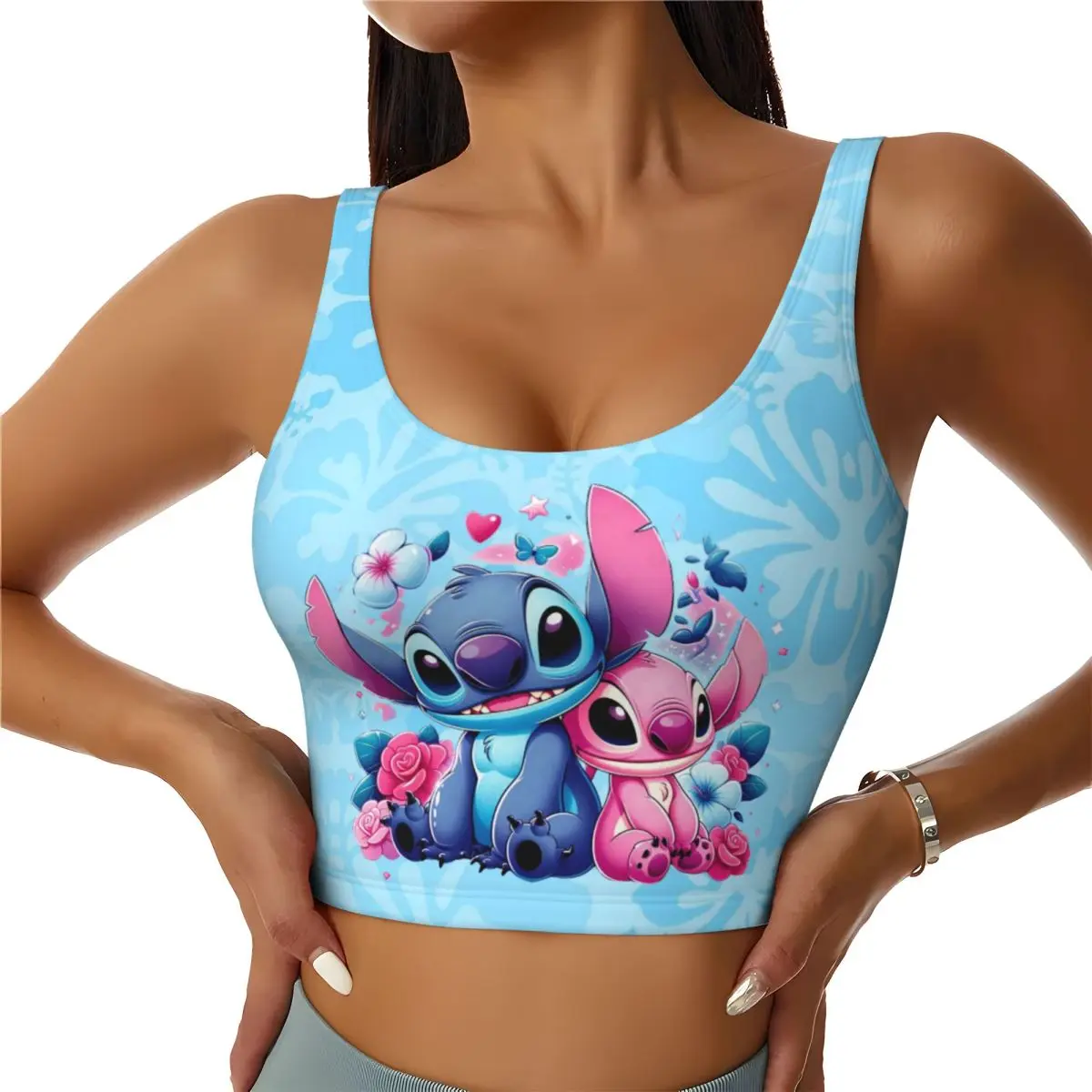 Camisetas sin mangas cortas de entrenamiento Lilo y Stitch personalizadas para sujetadores deportivos de yoga para mujeres