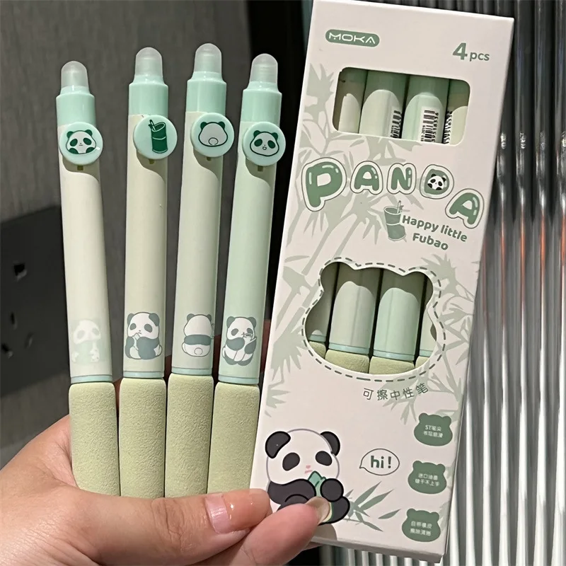 

4pcs Cute Panda Erasable Pen Blue Ink Quick-Drying Soft Pen Holds Smooth Writing Aesthetic Stationery Japanese School Supplies