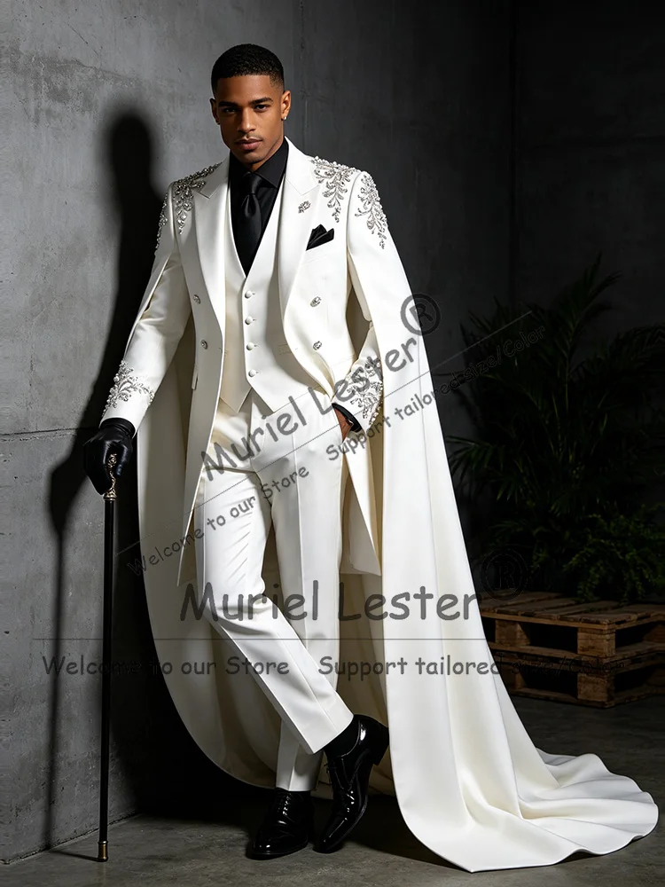 Men Suit Set For Wedding Luxury Crystals Beading Groom Tuxedo With Cape Long Customized Male Banquet Clothing 3 Piece Man Outfit