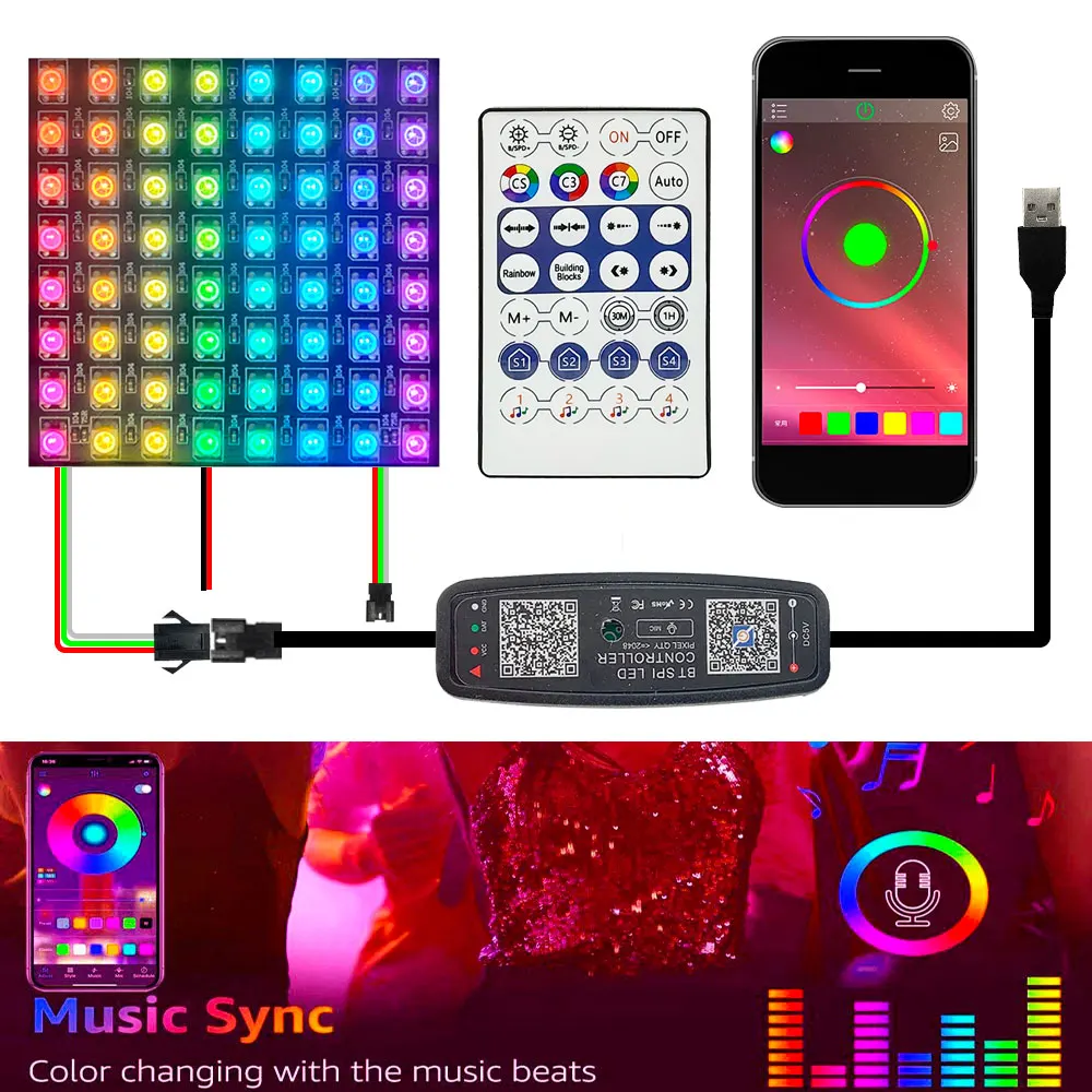 Panel Led WS2812B WS2812 RGB, matriz de píxeles direccionables individualmente con USB, 28 teclas, micrófono Bluetooth, módulo de música, Kit de luz