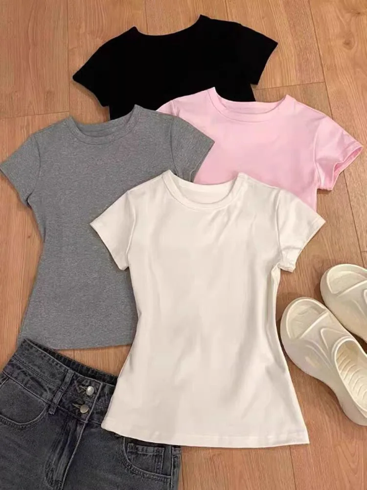 

Женская летняя футболка Slim Fit из чистого хлопка с круглым вырезом, утягивающая талию, универсальная, маленького размера, в милом стиле