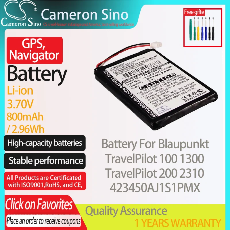 CameronSino Battery for Blaupunkt TravelPilot 100 1300 200 2310 fits Blaupunkt 423450AJ1S1PMX GPS, Navigator battery 800mAh