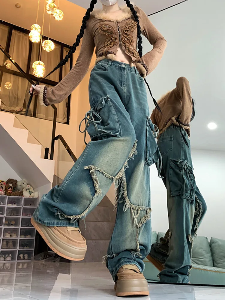 2023 Y2K Streetwear Star Embroidery Baggy Stacked Cargo Jeans Pants For Women Clothing Straight Lady Wide Leg Old Denim Trousers