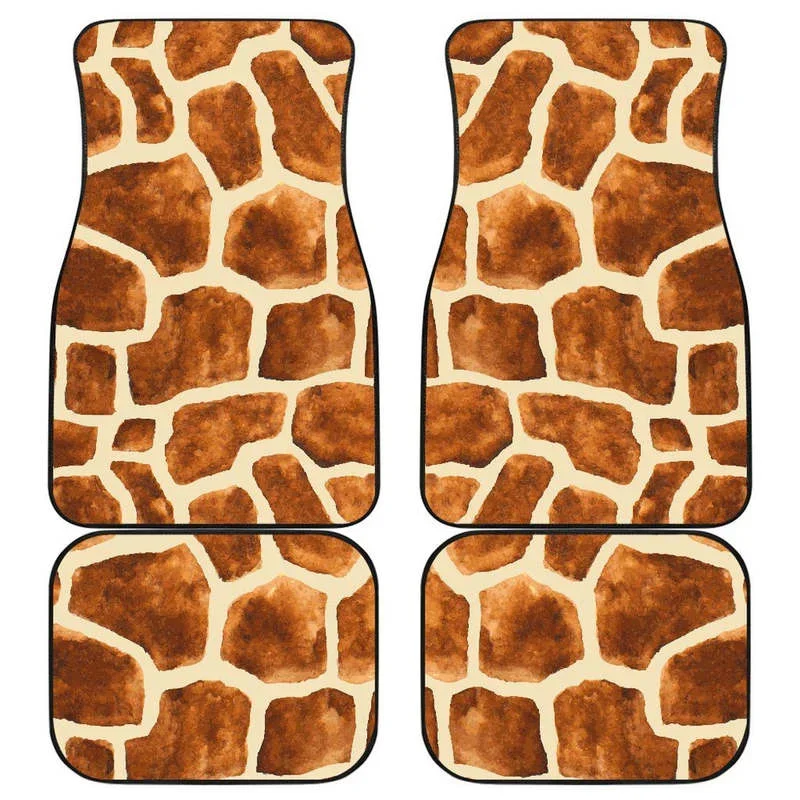 Brown Watercolor Giraffe Pattern Print Front and Back Car Floor Mats    Heavy Carpet Front and Rear Full Set 4PCs Pack