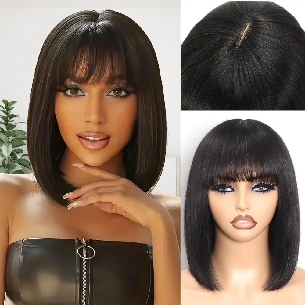 

Straight Bob Human Hair Wigs With Bangs Middle Part Realistic Scalp 2X1 Straight Bob Wigs Brazilian Hair Machine Made 8-14Inch