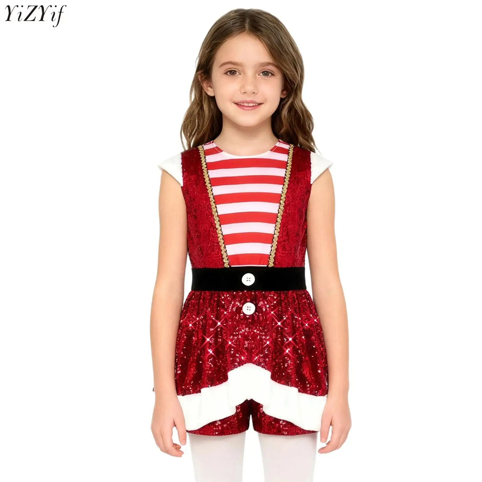 

Girls Christmas Candy Cane Stripe Dress Jumpsuit Sparkly Sequins Cap Sleeve Waist Ruffled Overlay Shorts Jumpsuit for Xmas Party
