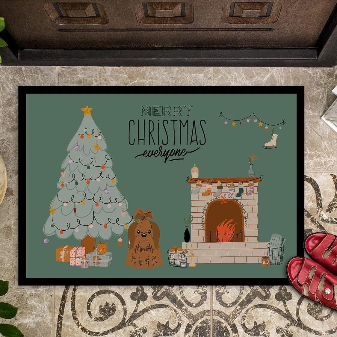 

Christmas Puppy Floor Mat Dirt-resistant Door Mat Non-slip Foot Carpet Kitchen Entrance House Rug Green Colour Door Mat