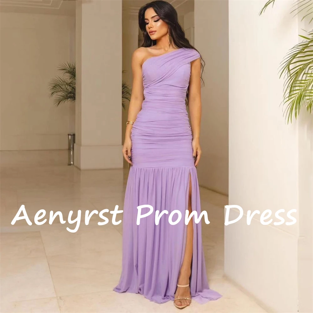 Aenyrst Purple One Shoulder Prom Dresses Mermaid Split Pleated Chiffon Evening Gowns Floor Length Purple Holiday Dress For Women