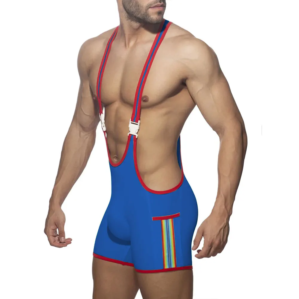 Men Rainbow Striped Sexy Bodysuits Underwear, Wrestling Singlet Boxer Briefs, High Waist Jockstrap Jumpsuit, Sports Fitness Suit