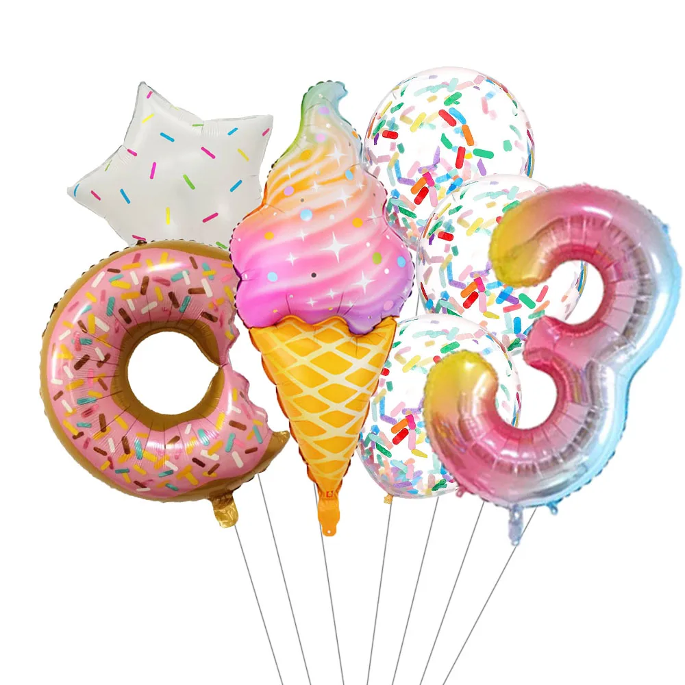 Balões de folha de sorvete com confete colorido, Donut Candy, Kids Birthday Party Decor, Baby Shower, 1 ano, 2 anos, 3 anos, 4 anos, 5 anos, 6 anos,