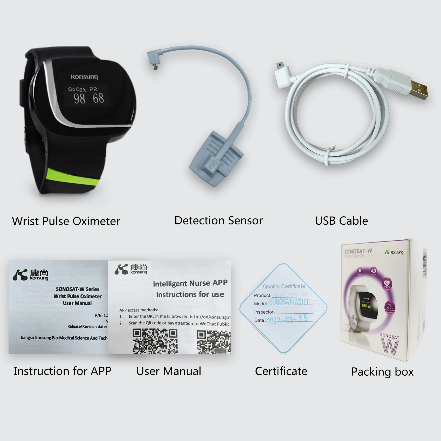 Konsung Pulsioximetro de Muñeca Recargable Monitor de Oxigeno con APP Seguimiento Nocturno para SpO2 y PR Alarma de Apnea del Sueño W01LT