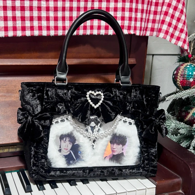 Original Mine Mass-produced Lolita Velvet Princess Handbags Pearl Bow Exquisite Tote Bag Women Sweet Itabag Gorgeous Mini Bag