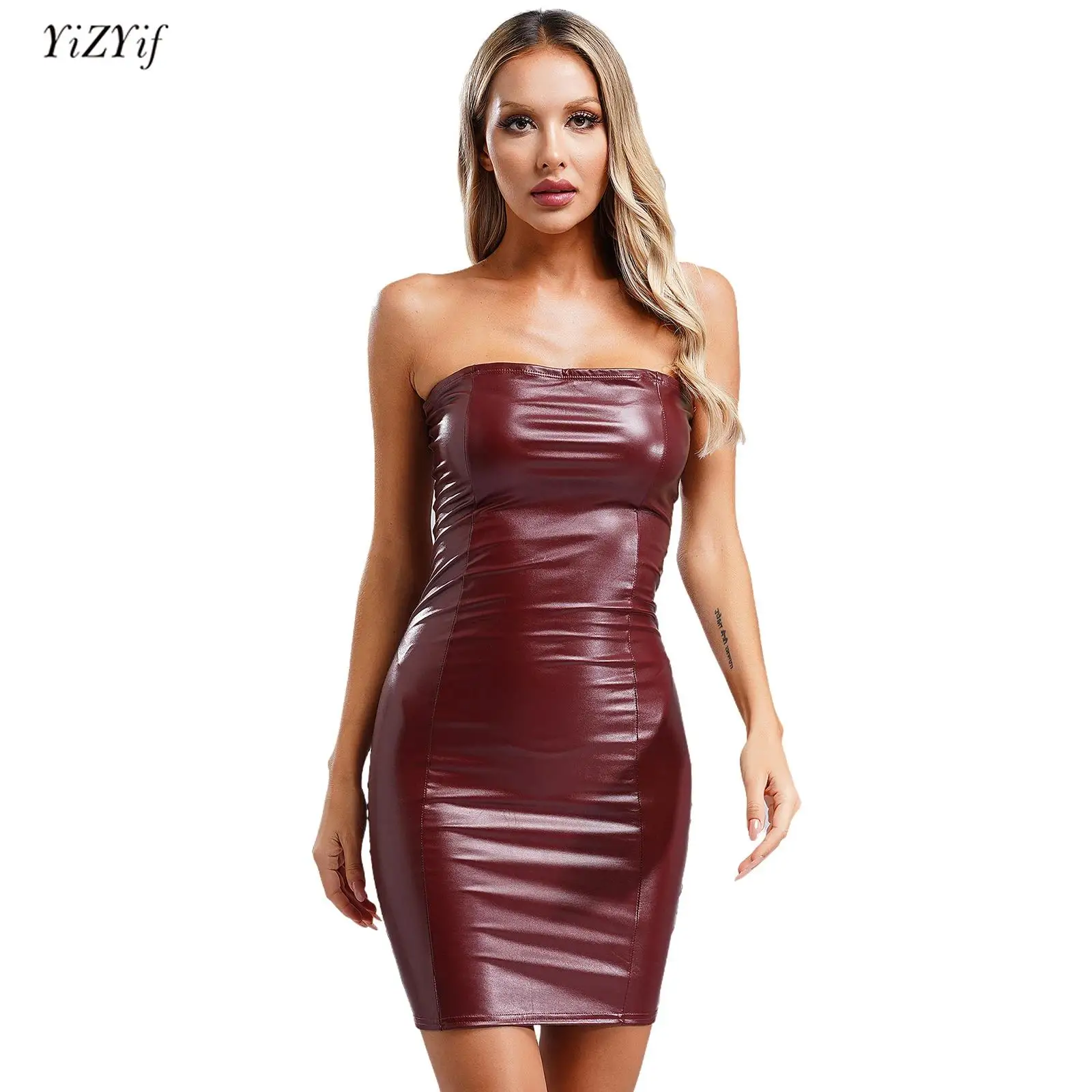 

Sexy Faux Leather Mini Dress Womens Wet Look Strapless Off Shoulder Skeleton Hand Print Bodycon Tube Dress Clubwear Party Dress