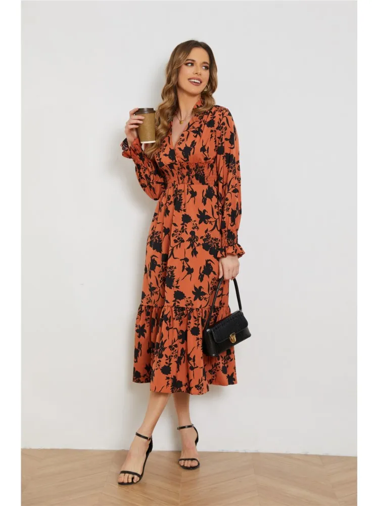 مزاجه الخامس الرقبة موضة فساتين طويلة الأزهار عالية الخصر سليم كم طويل فستان مُزين بطباعة جديد بوهيميا فساتين غير رسمية للنساء