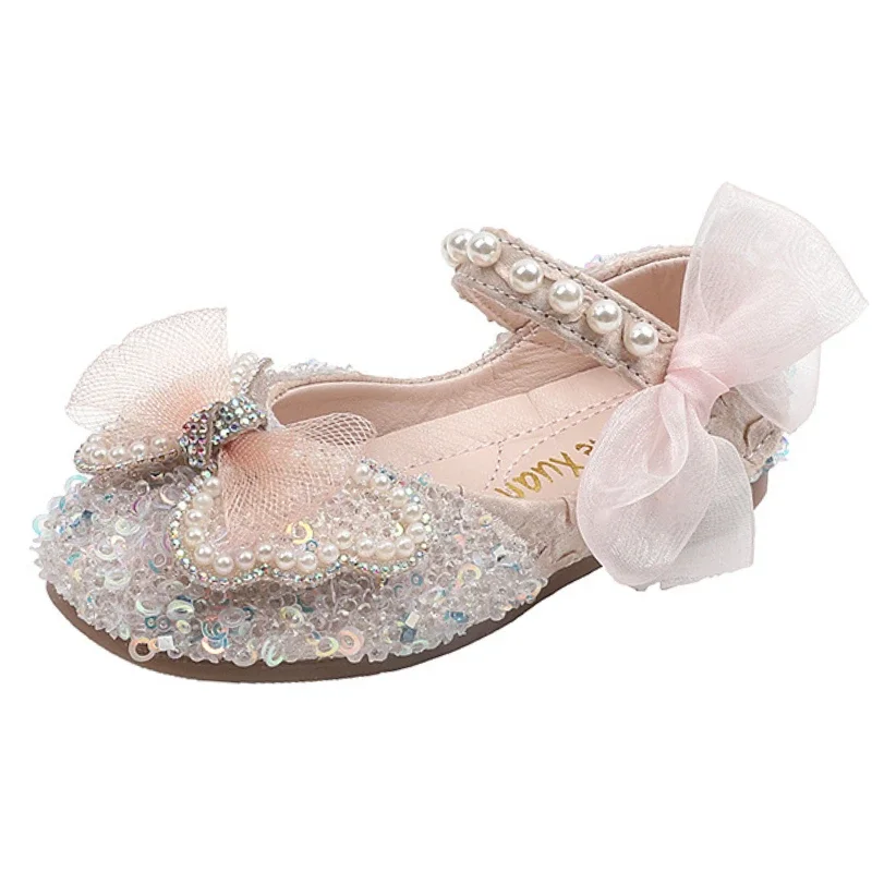 

Новые осенние туфли принцессы для девочек, модные детские кожаные туфли с милым бантом и блестками, детская обувь на плоской подошве для танцев