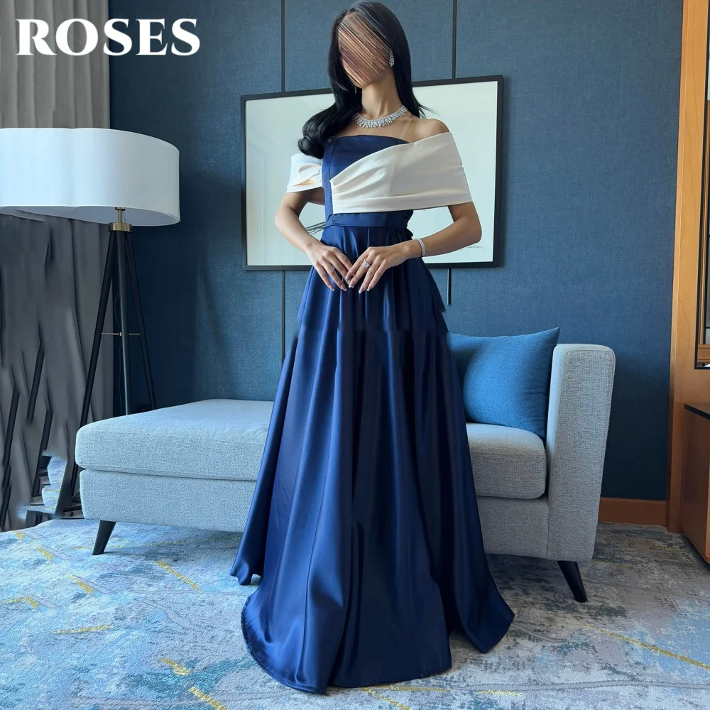 

ROSES Navy Blue A-Line Prom Dress for Women Off the Shoulder Night Dress with Pleats Satin Evening Celebrity Dresses Customized