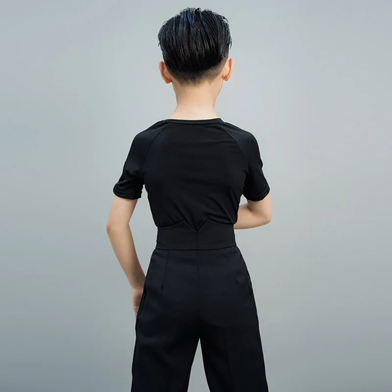 Boys Latin Dance Outfit Round Neck Short Sleeve Top Pants Set Kids Dancing Performance Costume Blue Black Training Wear VDL3605