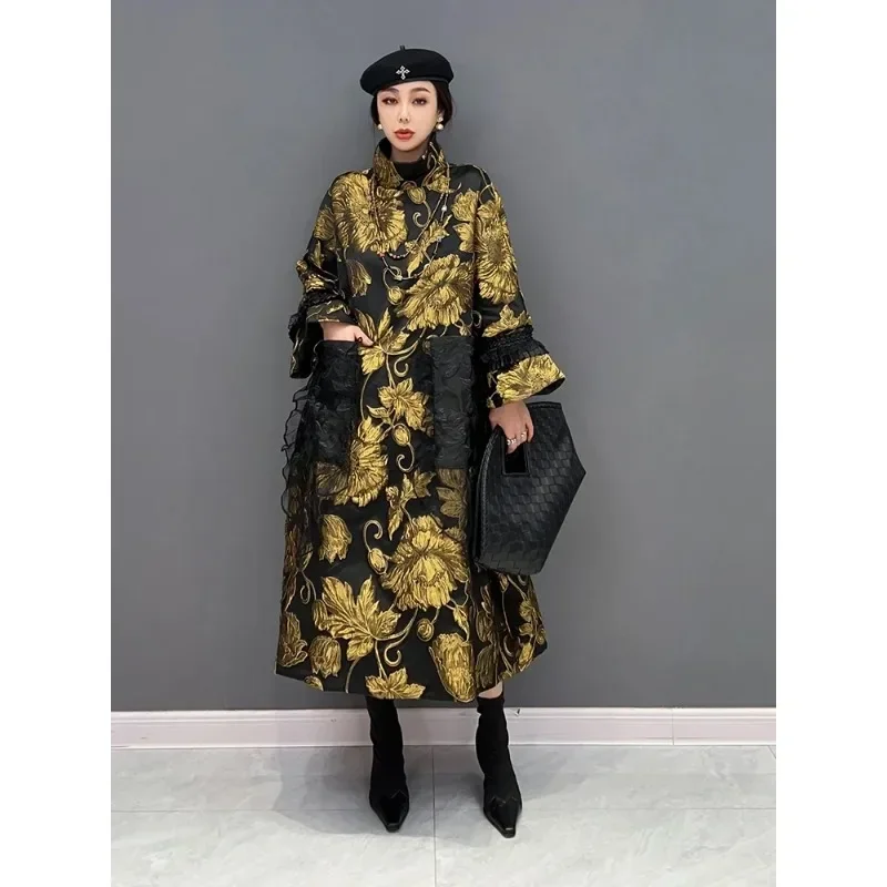 

SuperAen 2024 Winter New Chinese Style Thickened Process Printed Cotton Retro Oversize Dress Women's Turtleneck Long Dress