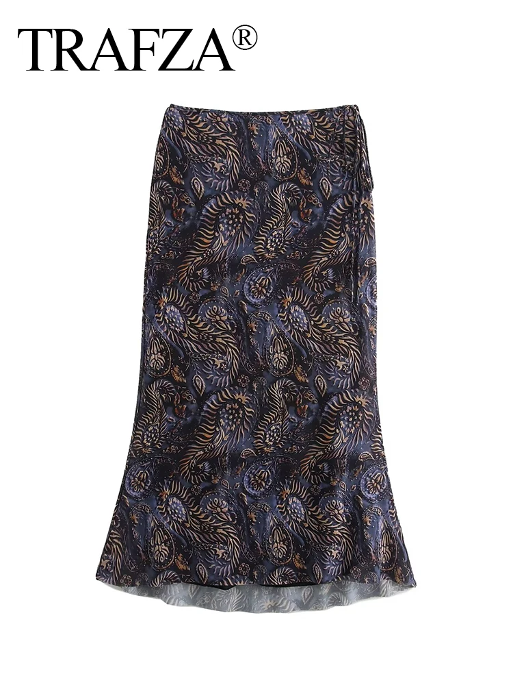 TRAFZA Women Printed Tulle Skirt 2-Piece Set Ladies Vintage V-Neck Long-Sleeved Shirt+Female Temperament Casual Slim Midi Skirt